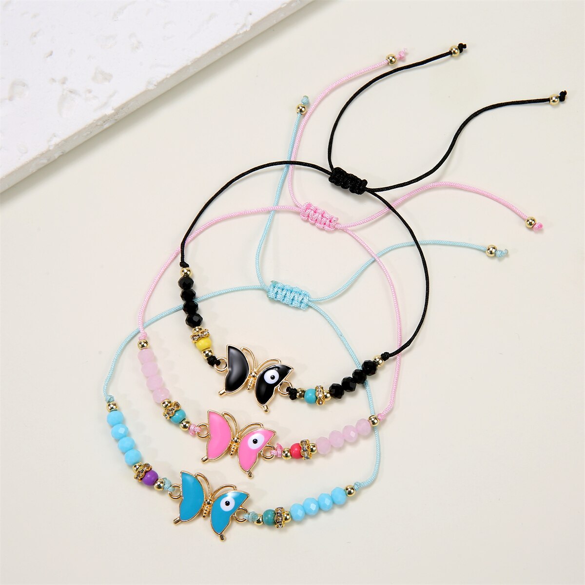 12PCS Colorful Butterfly Pendant Charms Bracelets for Women Girl Child Crystal Beads Braided Rope Bracelet Handmade Jewelry