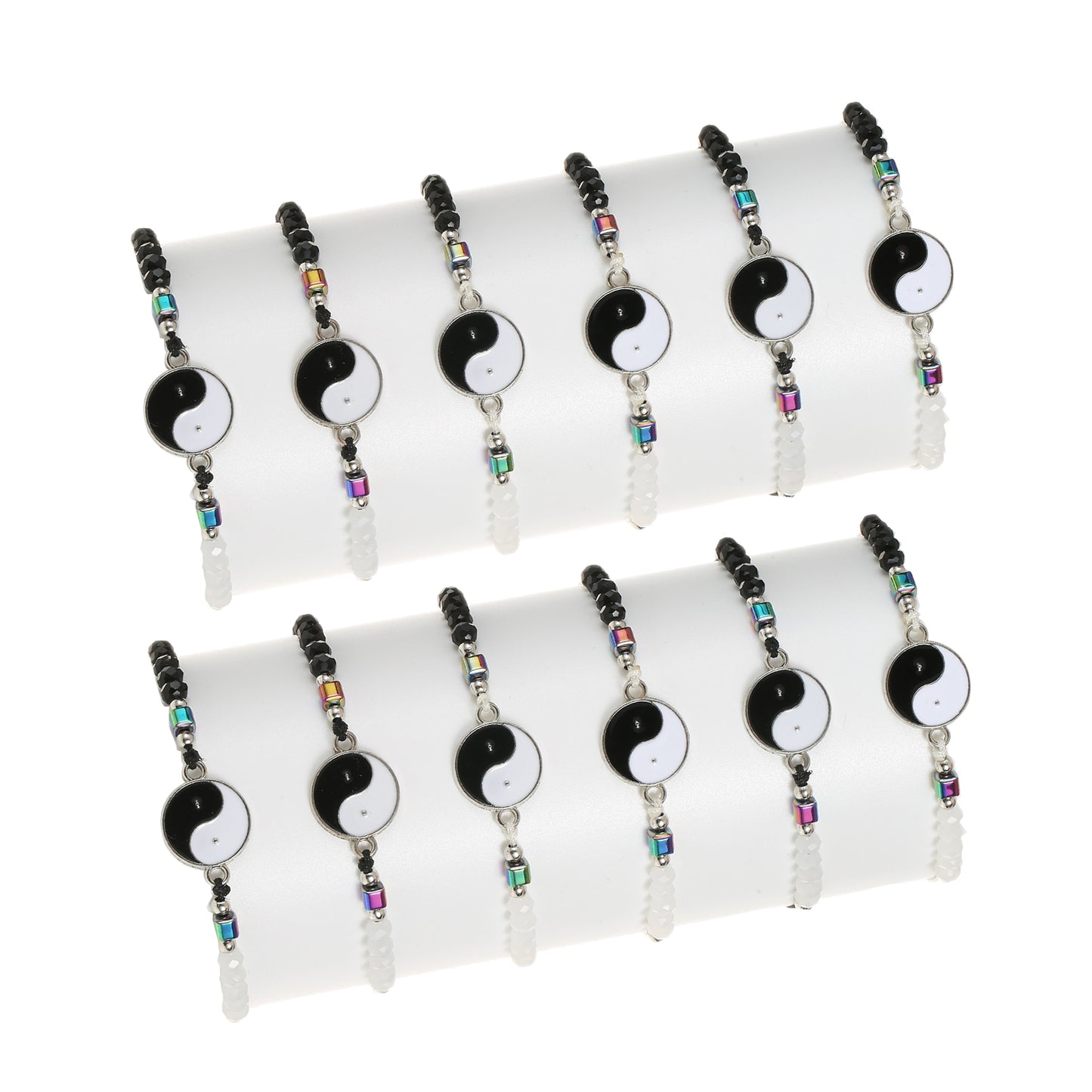 12pcs Yin and Yang Tai Chi Metal Pendant Black/White Adjustable Wax Cord Beads Men Women Couple Bracelet Anklet Gift Wholesale