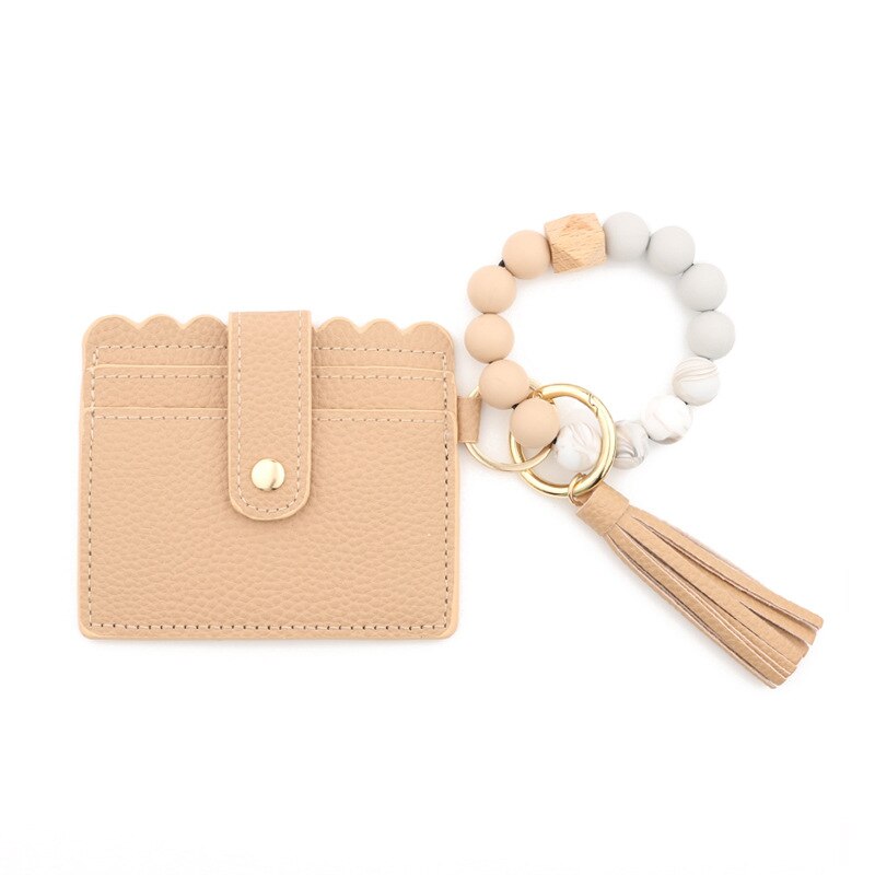 Fashion Silicone Beads Tassel Bracelet Wristlet Bangle with Wallet Key Card Holder Large Round Keyring for Women Handbag