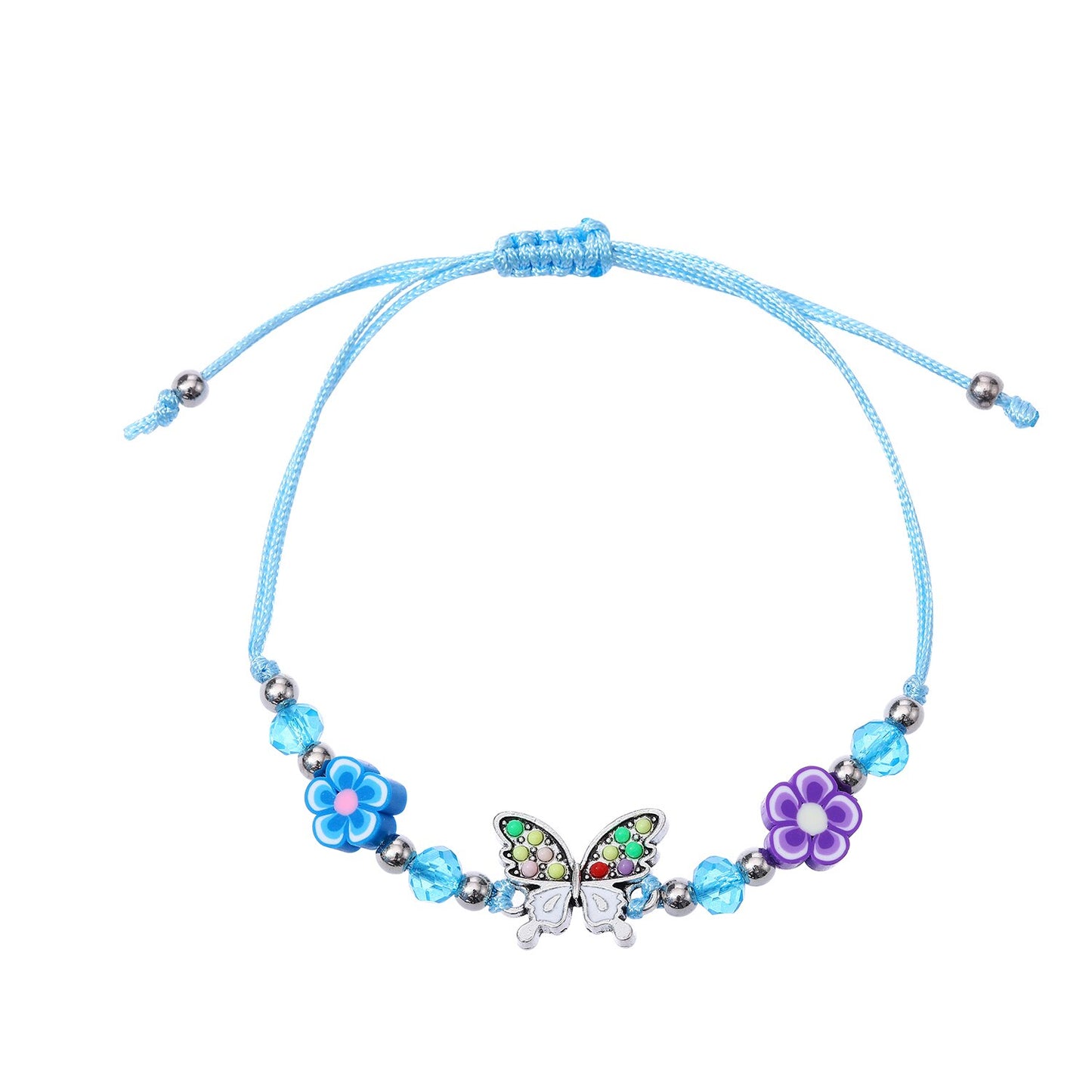 12pcs/lot Women Butterfly Flower Pendant Crystal Bead Charms Bracelets Set Child Braided Adjustable Rope Chain Anklet Jewelry