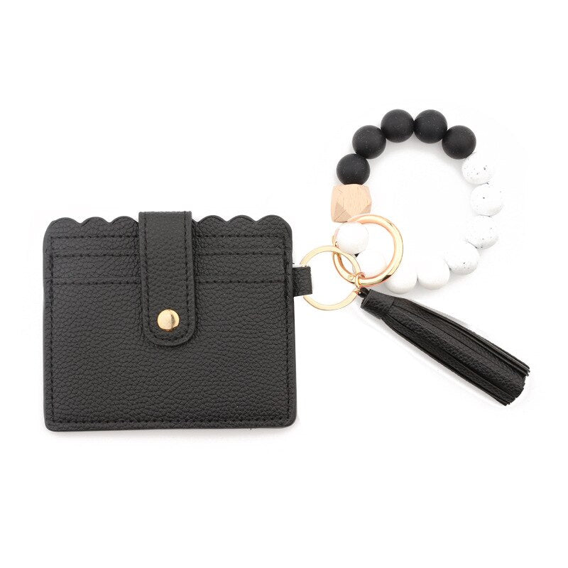Fashion Silicone Beads Tassel Bracelet Wristlet Bangle with Wallet Key Card Holder Large Round Keyring for Women Handbag