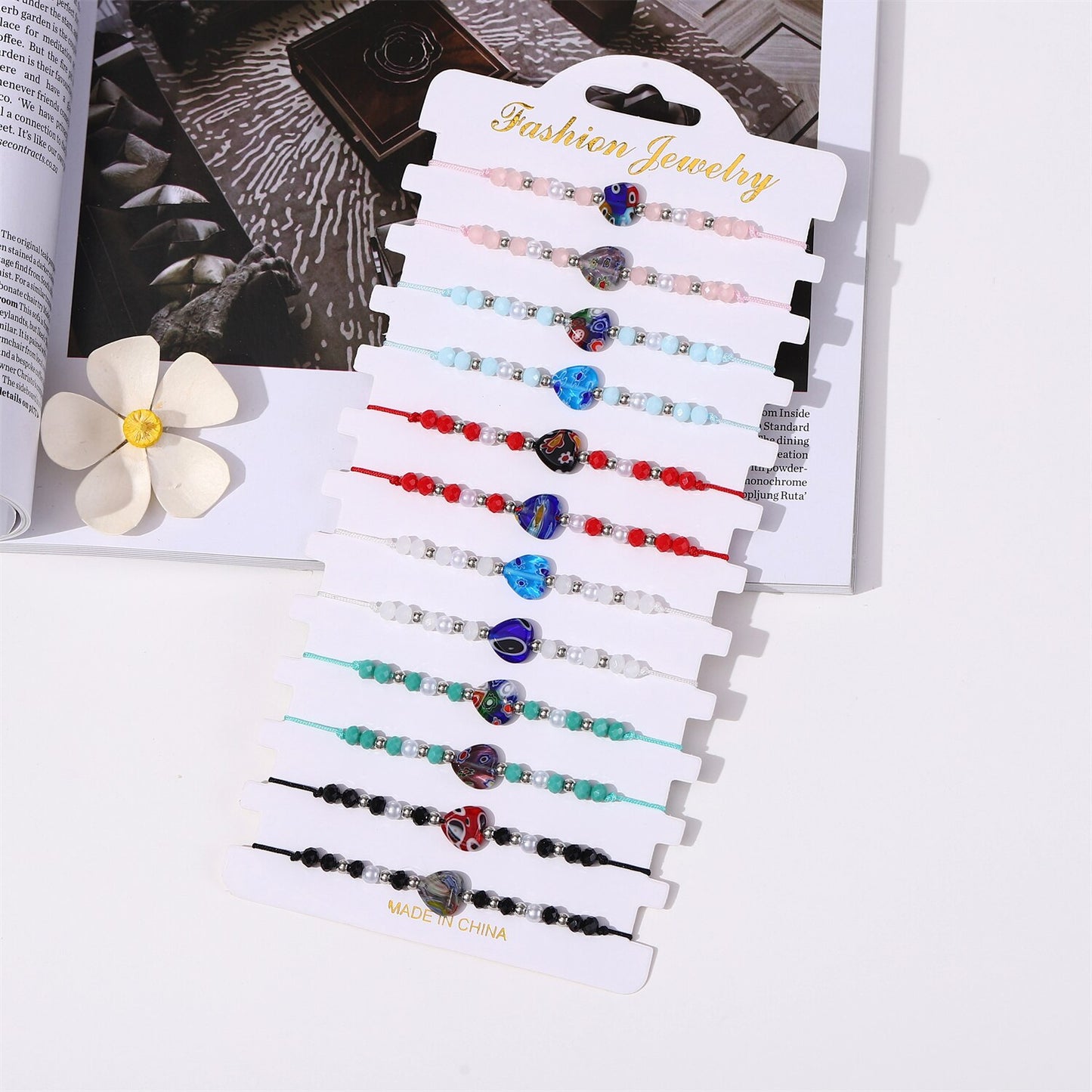 12 Pieces Crystal Seed Beads Heart Pendant Bracelet for Women Men Adjustable Summer Surf Anklet Jewelry Mixed Colors Wholesale