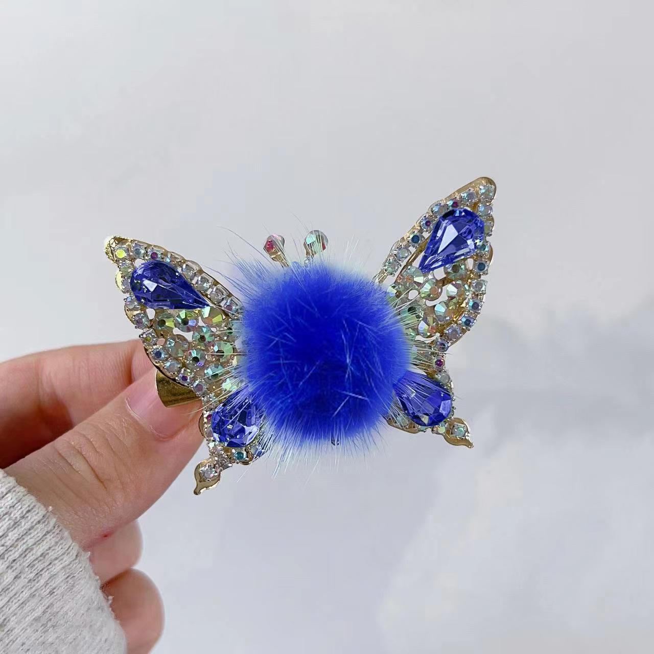 Fashion 3D Butterfly Faux Fur Hair Clips Flying Shiny Rhinestone Hairpin Barrettes for Women GirlsPonytail Holder Hairpins