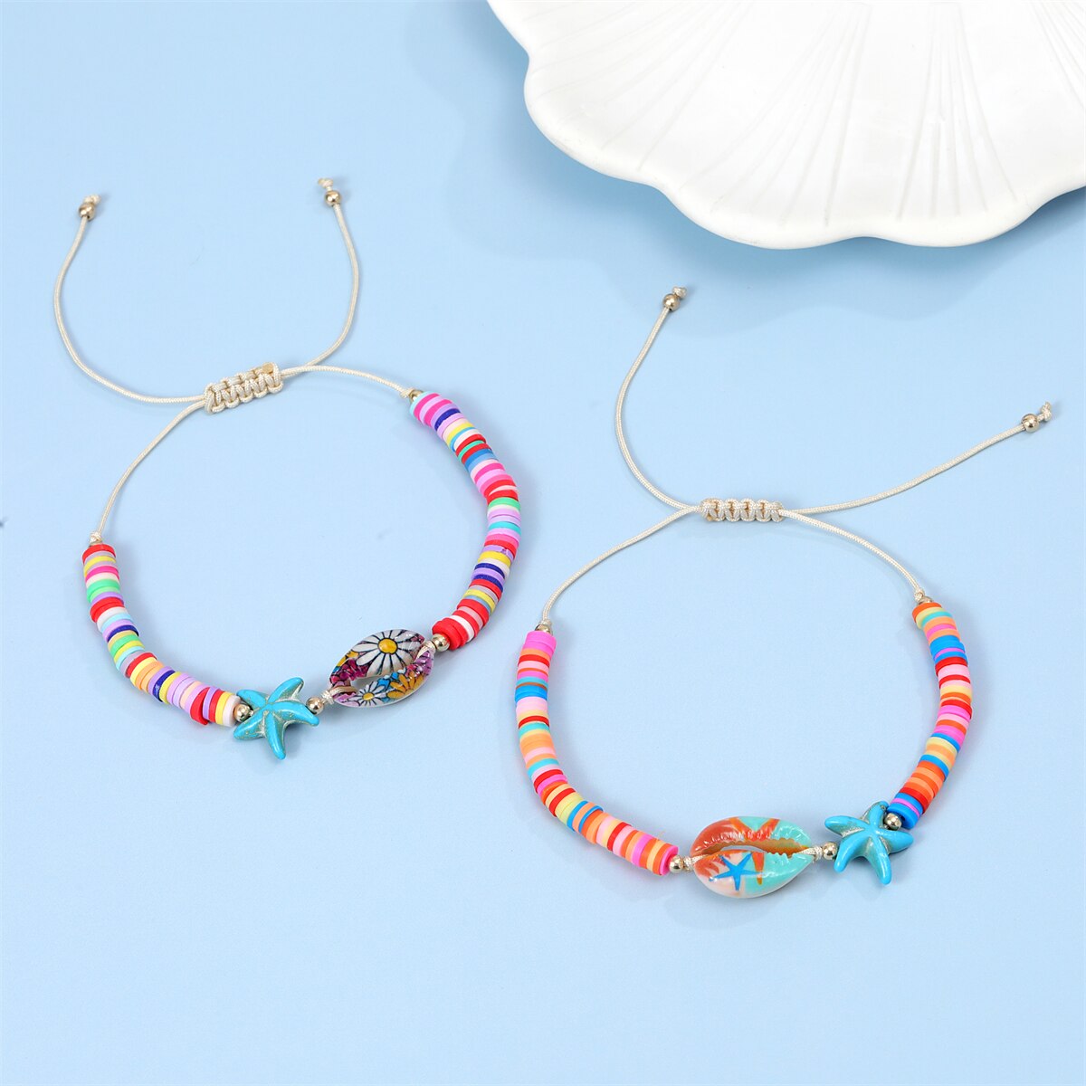12 Pcs Beach Shell Starfish Pendant Bracelet Anklet for Women Summer Handmade Ankle Adjustable Clay Stackable Wholesale