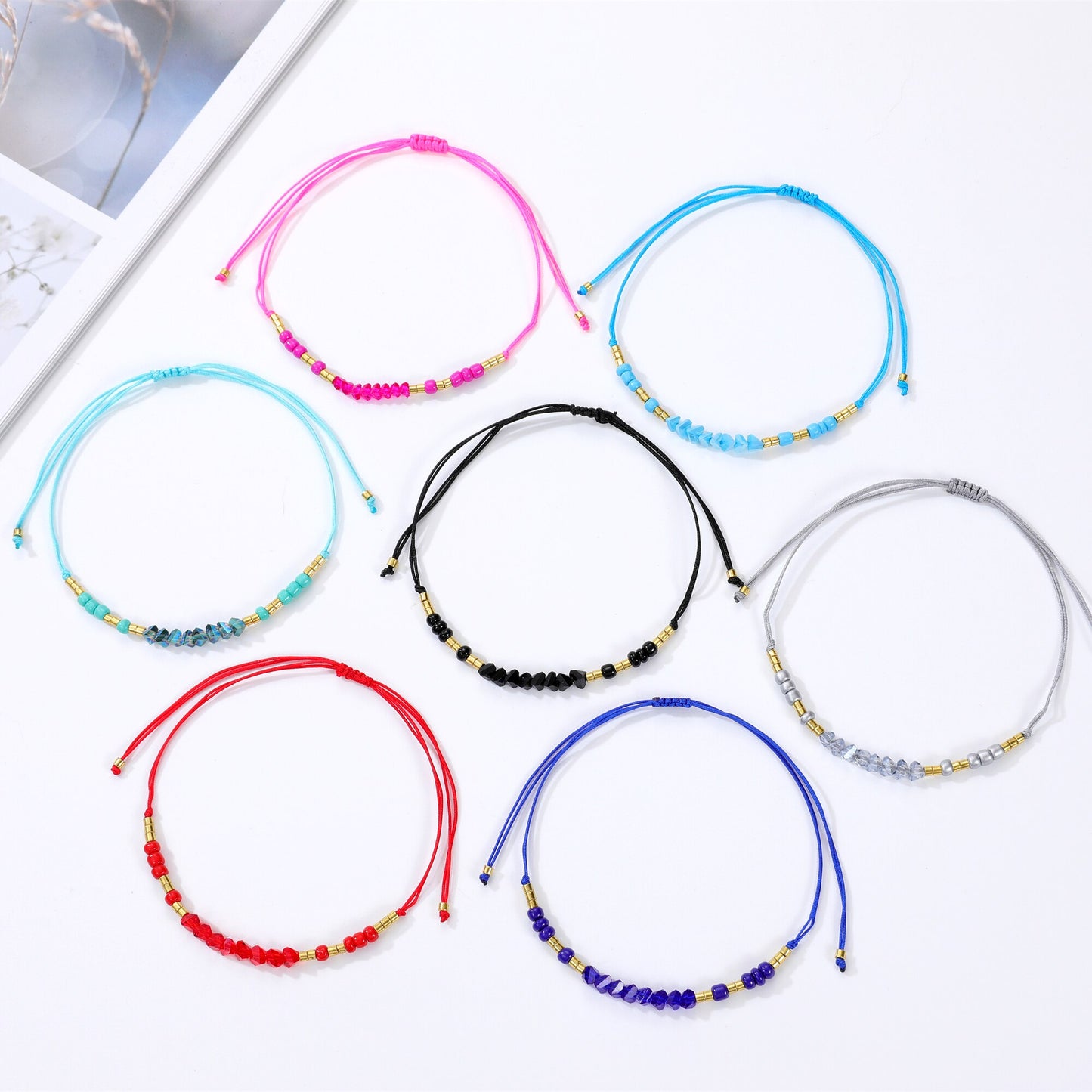 12Pcs Seeds Beads Faceted Crystal Braceles Anklets Adjustable Hand Braided Wax Rope Chain Wristband Cuff Jewelry