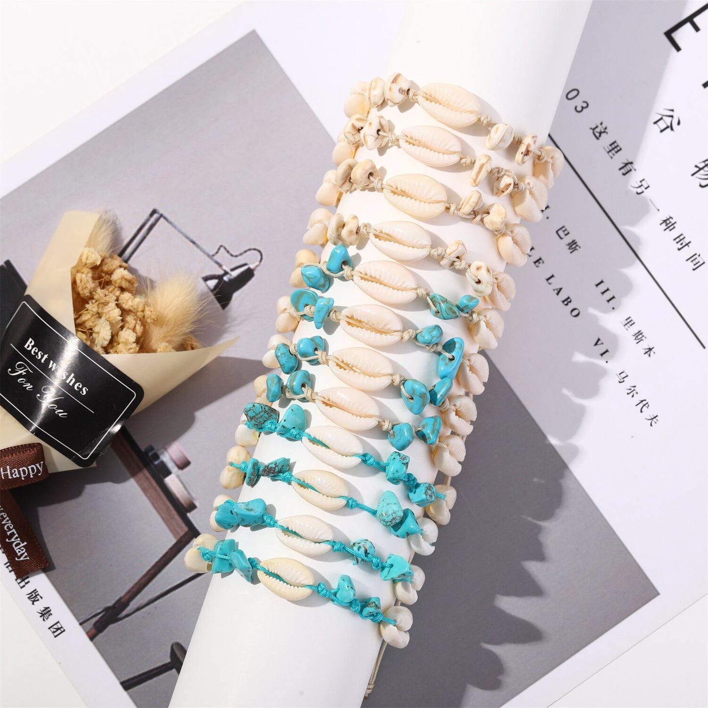 12Pcs/Lot Beach Shell Natural Stone Bracelets Anklets Set for Women Girls Summer Handmade Ankle Adjustable Turquoise Bracelet