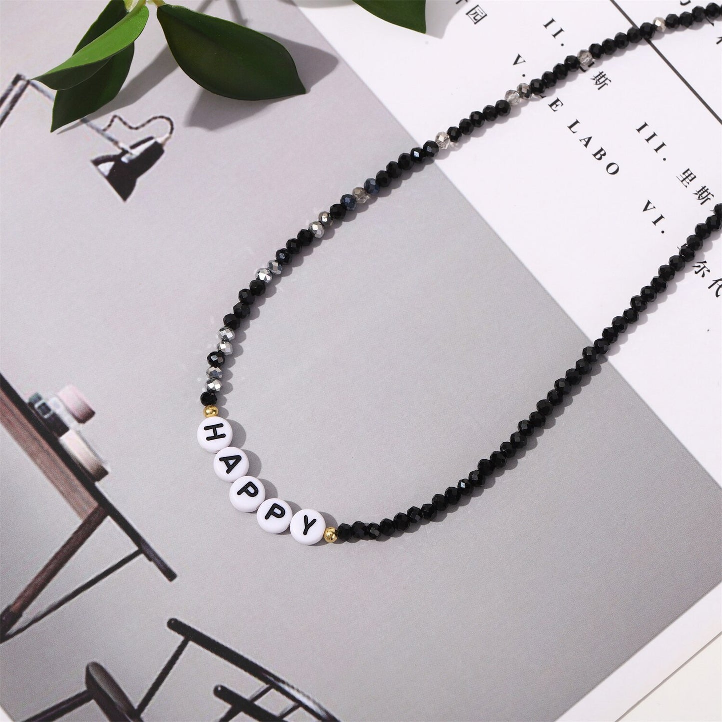 Fashion Crystal Beads Letter HAPPY Necklace for Women Simple Alphabet Beaded Chokers Jewelry Accessories