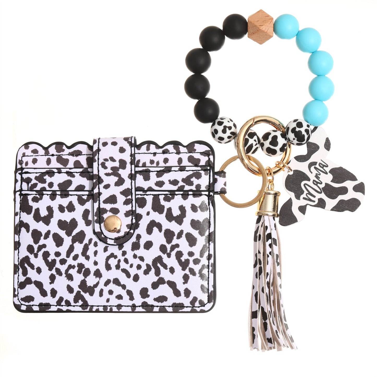 Fashion Silicone Beads Tassel Bracelet Wristlet Bangle with Leopard Print Wallet Key Card Holder Large Round Keyring for Women