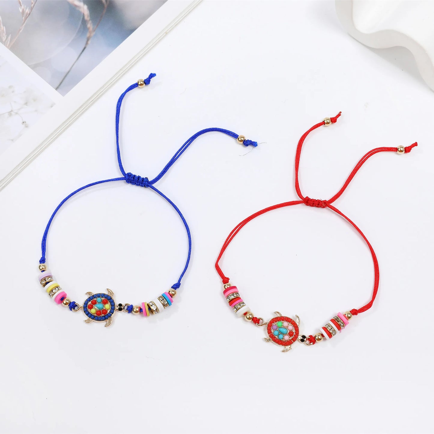 12pcs Polymer Clay Beads Colorful Turtle Pendant Bracelet Charms Braided Rope Chain Bracelet Yoga Jewelry Gifts