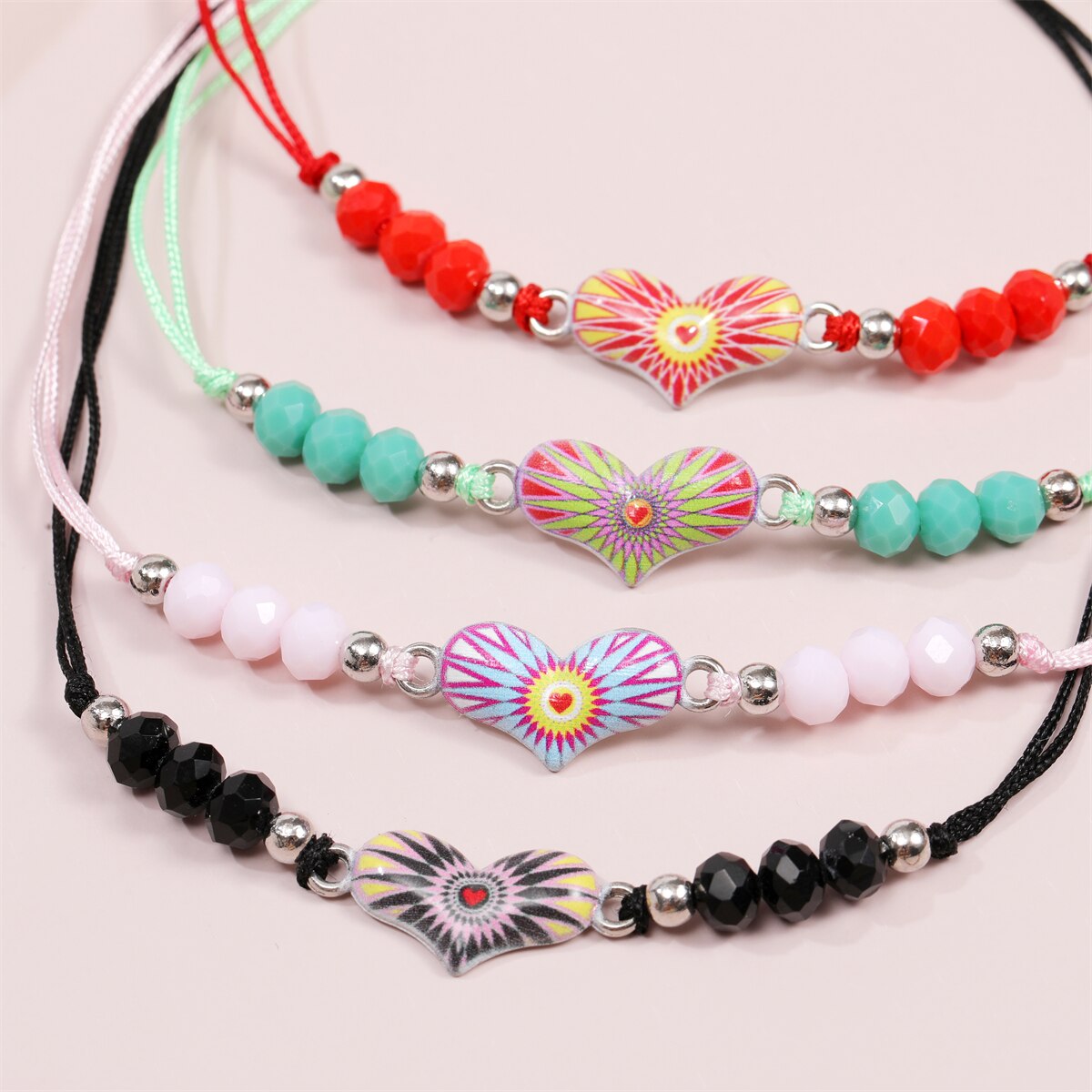 Enamel Charms Elastic Heart Pendant Bracelet for Women Adjustable Braided Rope Chain Crystal Bead Wristband Bracelet Jewelry