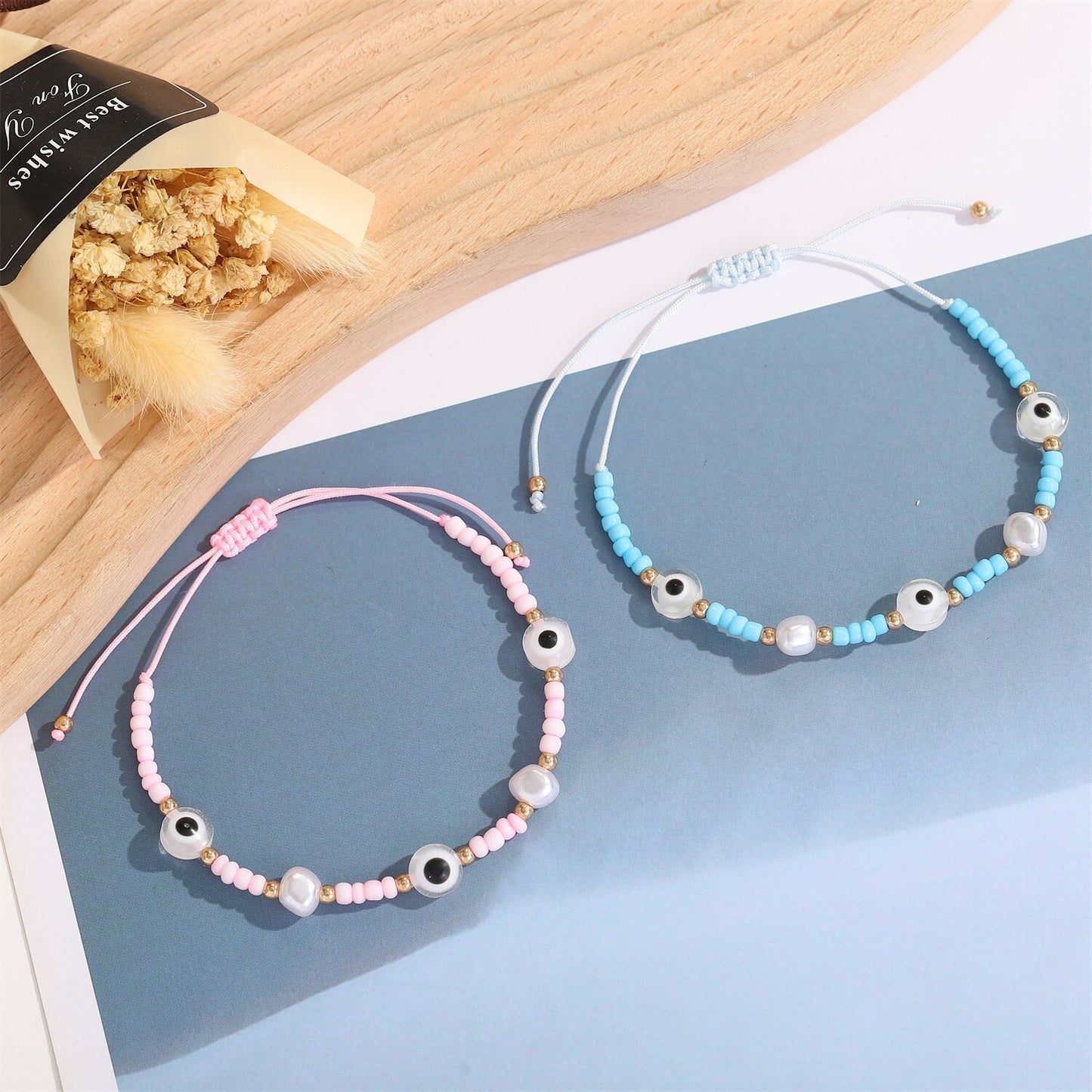 12pcs Evil Eye Pearl Charms Braided Bracelets for Women Child Seed Beads Adjustable Rope Chain Anklets Beach Handmade Jewelry