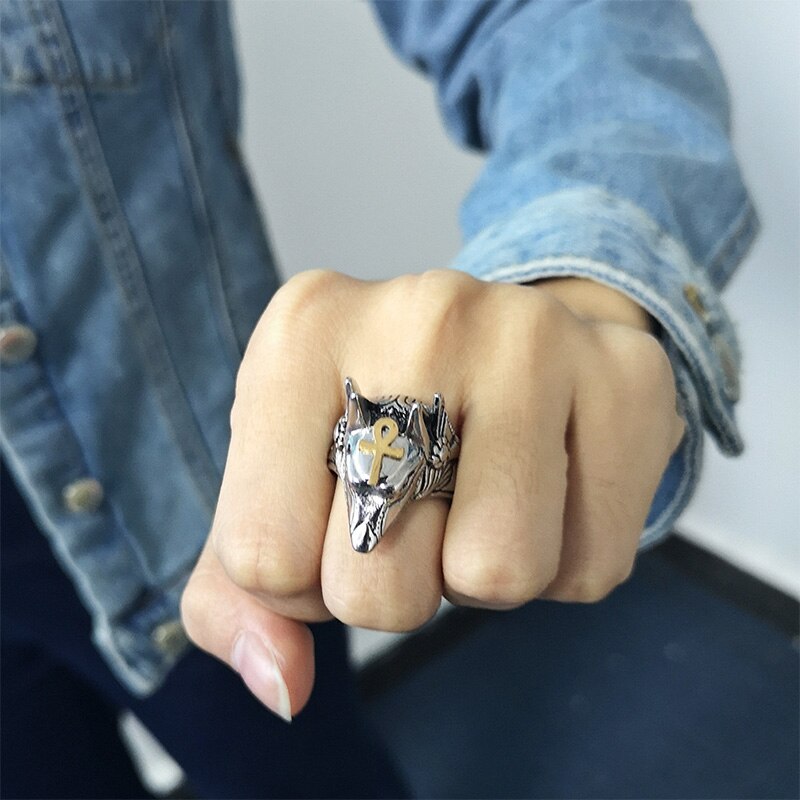 Women Men Punk Anubis Egyptian Cross Beast Finger Ring Stainless Steel Vintage Wolf Knuckle Rings Fashion Jewelry Gift Anel