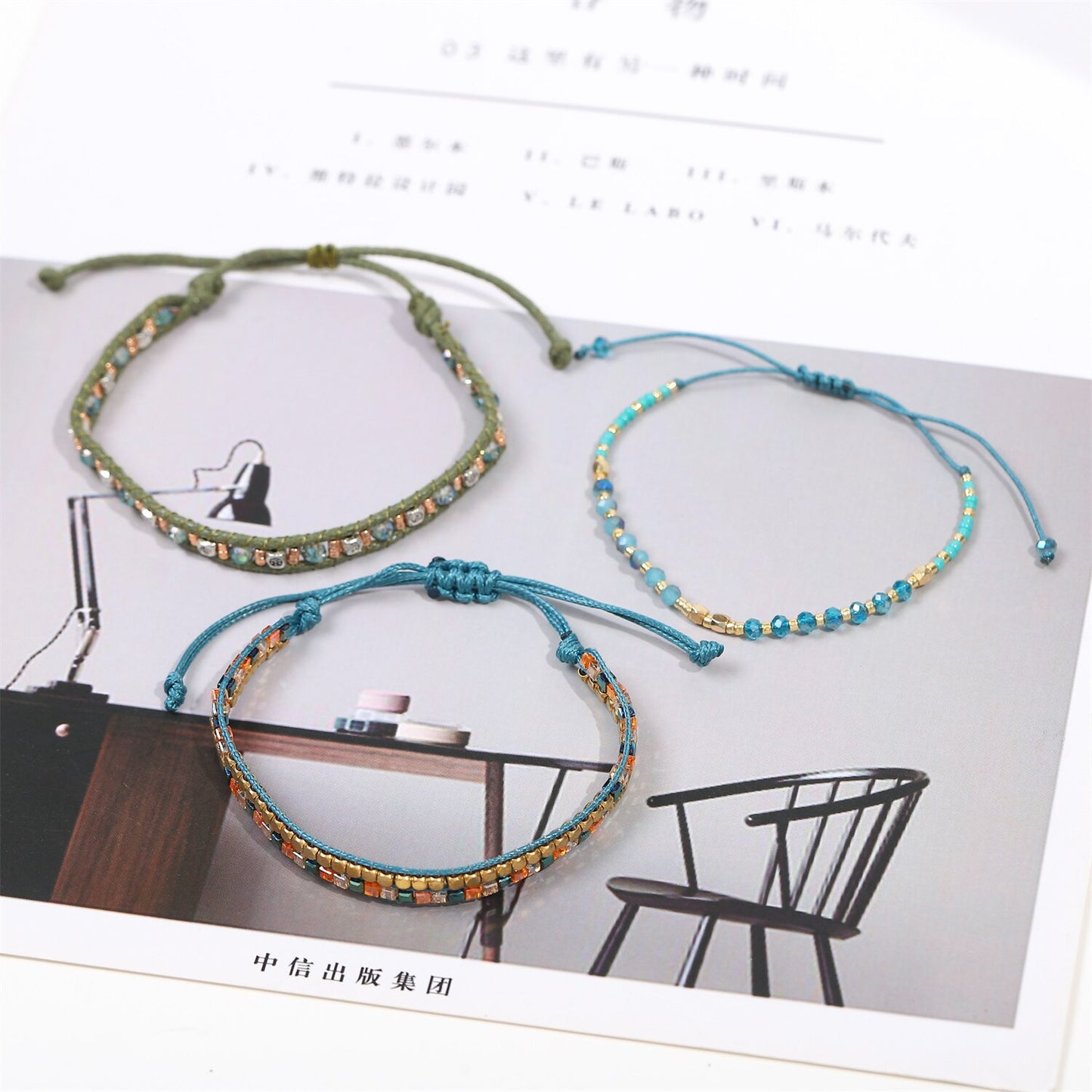 3 Pieces Handmade Weave Adjustable Rope Chain Crystal Charms Bracelets Wrap Charms Bracelet Wristband Jewelry for Women Girls