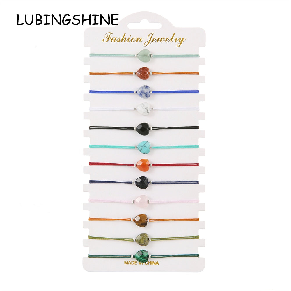 12pcs Bohemia Natural Stone Heart Pendant Charm Braided Bracelets for Women Girls Handmade Adjustable Chain Party Jewelry