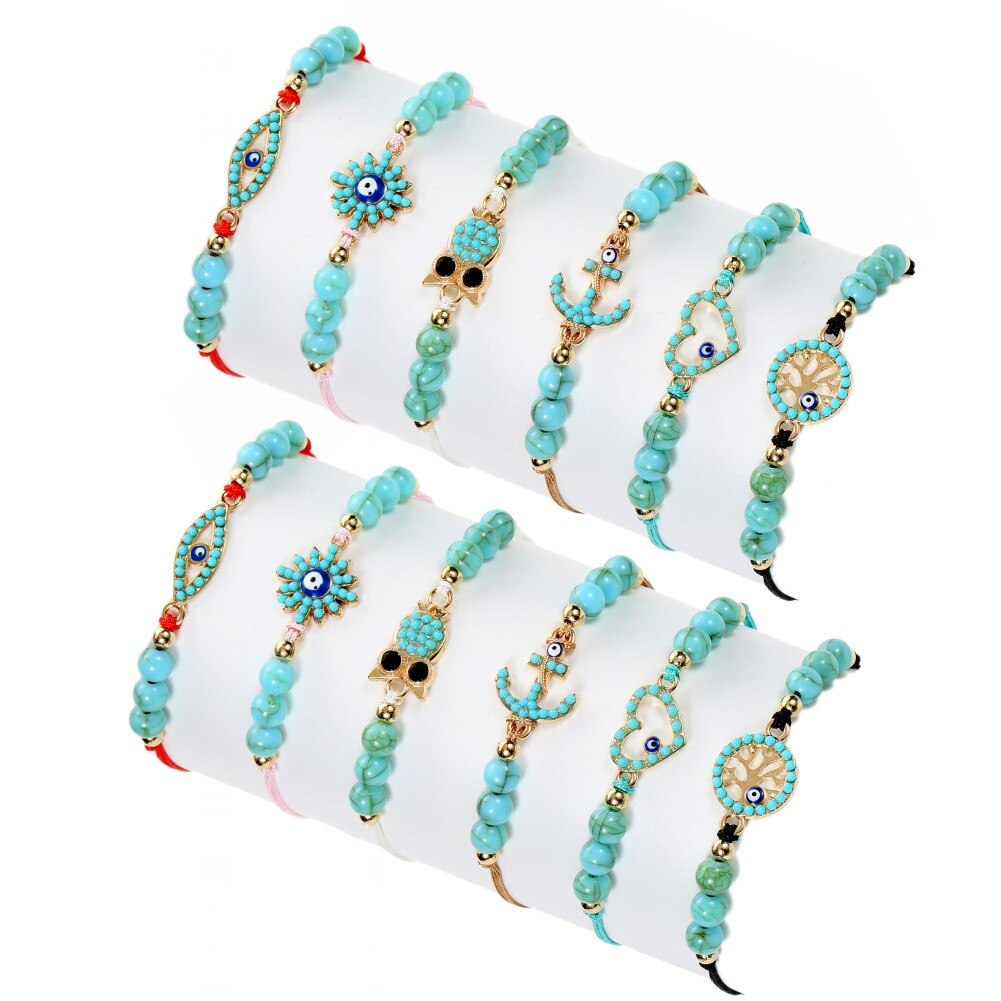 12pcs Boho Bracelets Sets Owl Charm Bangles Blue Stone Evil Eye Beads Adjustable Bracelet Women Fashion Jewelry