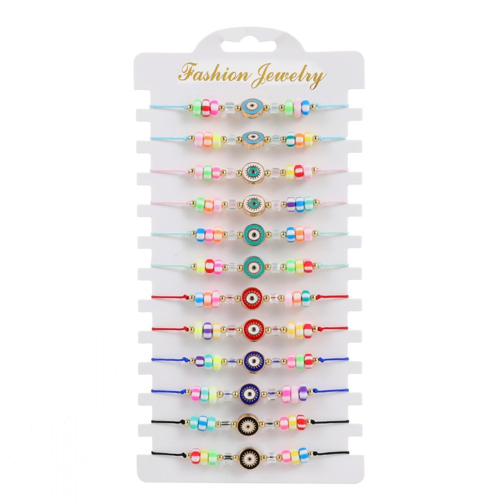 12pcs Candy Color Beads Evil Eye Blue Charm Stretch Bracelet Mal De Ojo Bracelet Protection and Blessing for Men and Women