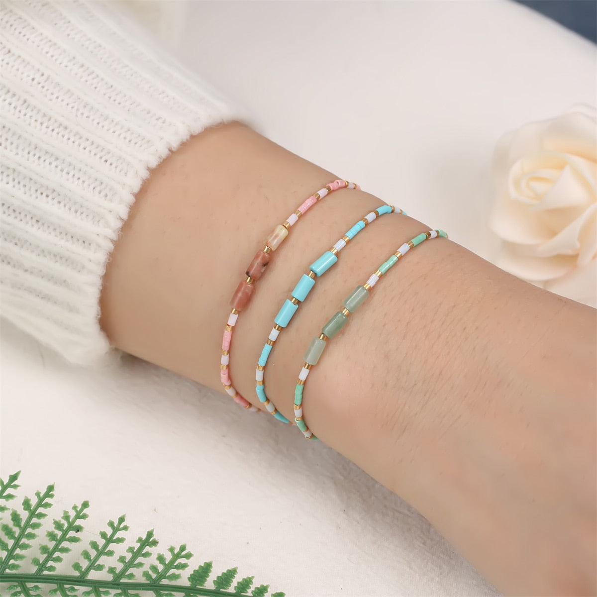 Seed Bead Bracelet & Bangle for Women Men Square Faceted Natural Stone Pendant Adjustable Charm Stacking Femme Pulsera