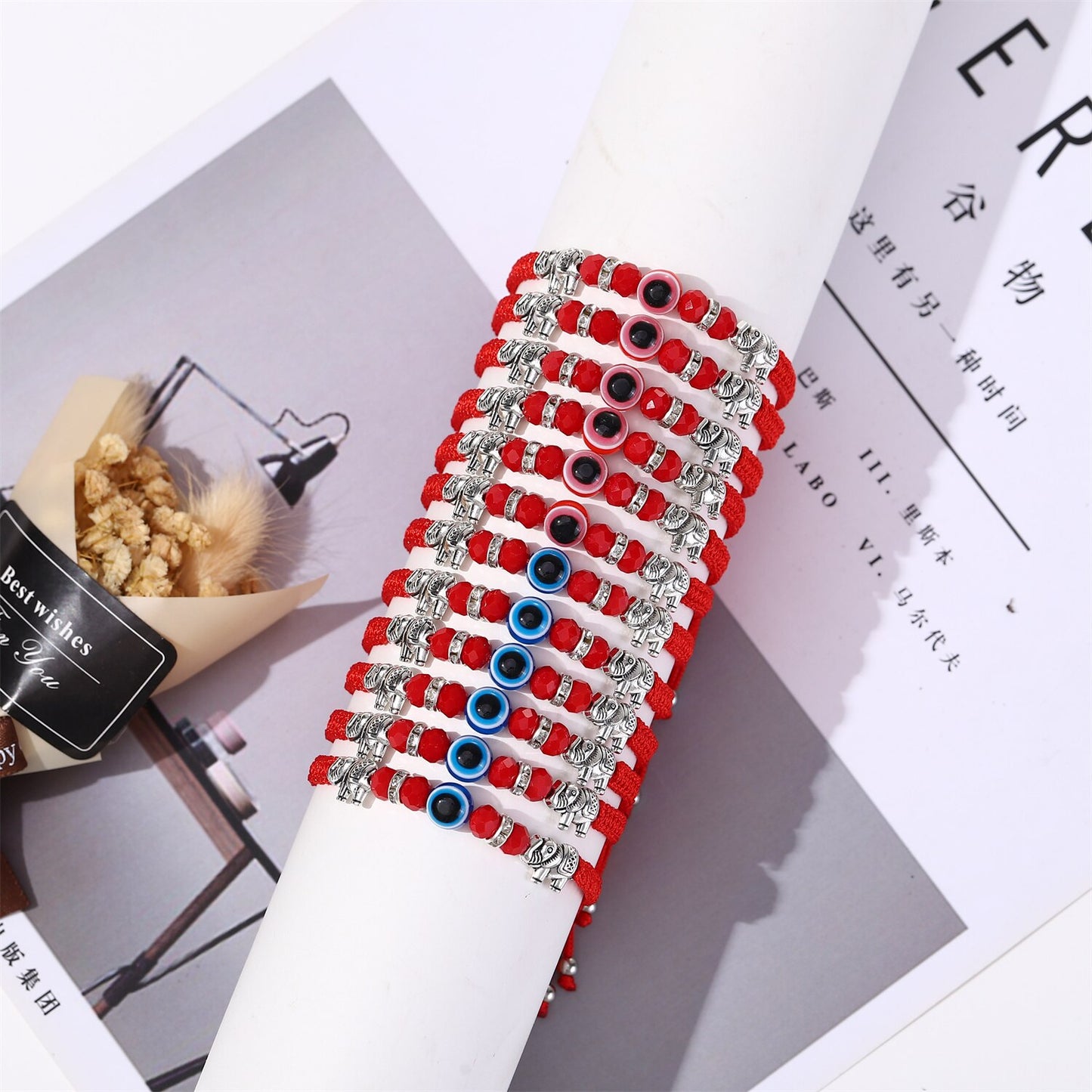 12pcs Handmade Thick Lucky Red Rope Braided Bracelet Evil Eye Bead Elephant Pendant Adjustable Bracelets for Women Men