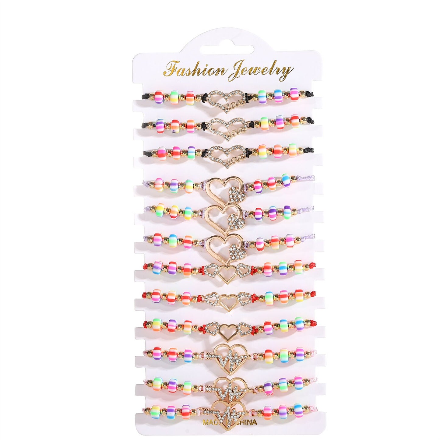 12pcs/set Candy Color Acrylic Beads Heart Charm Adjustable Bracelets Set for Women Braided Rope Wristband Yoga Anklet Jewelry