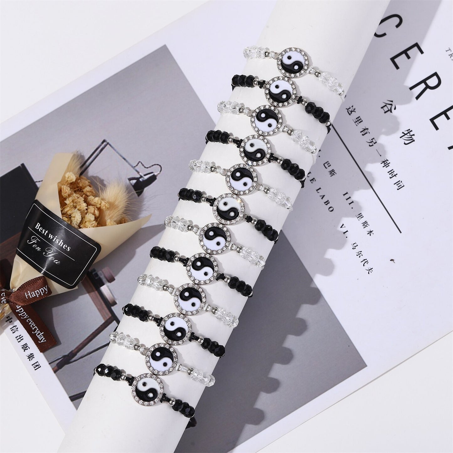 12pcs/Lot Black/white Yin and Yang Tai Chi Pendant Bracelets for Women Crystal Beads Chain Braid Rope Anklet Amulet Jewelry