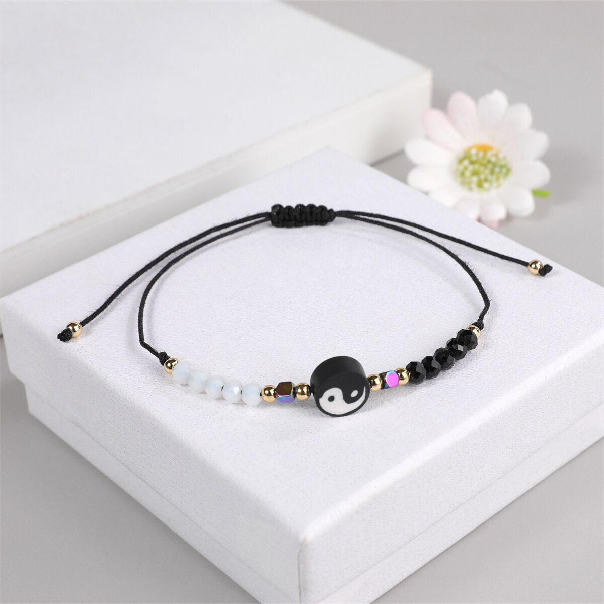 12pcs/lot Yin and Yang Tai Chi Clay Pendant Black/White Adjustable Wax Cord Beads Men Women Couple Bracelet Anklet Gift