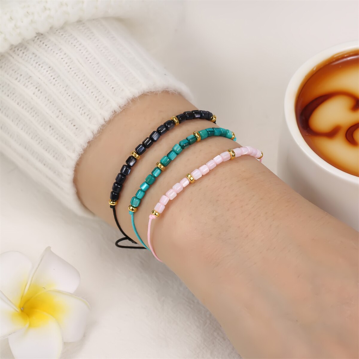 12pcs Cylindrical Shell Beaded Braided Bracelet Set for Women Crystal Bead Chain Anklet Jewelry Gifts Wholesale