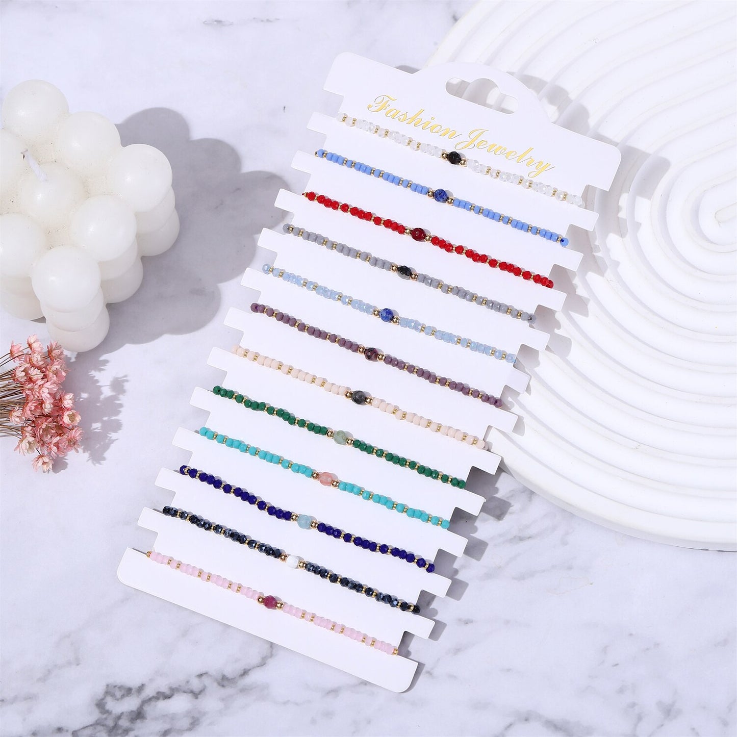 Boho 12Pcs/Lot Seed Beads Natural Stone Charms Bracelets Adjustable String Wish Bracelets Jewelry Gifts for Girls Wholesale