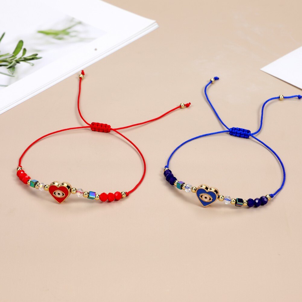 12pcs Love Heart Charms Bracelets for Women Rhinestone Beads Woven Rope Braided Evil Eye Bracelet Bangle Child Fashion Jewelry