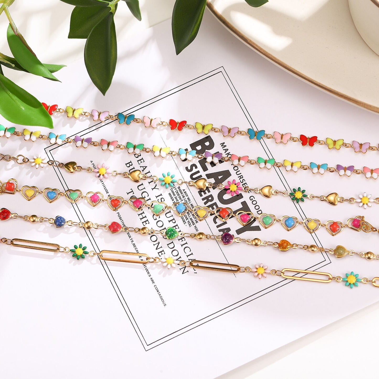 Stainless Steel Oil Drip Heart Sunflower Daisy Pendant Bracelets for Women Men Titanium Chain Minimalist Waterproof Jewelry
