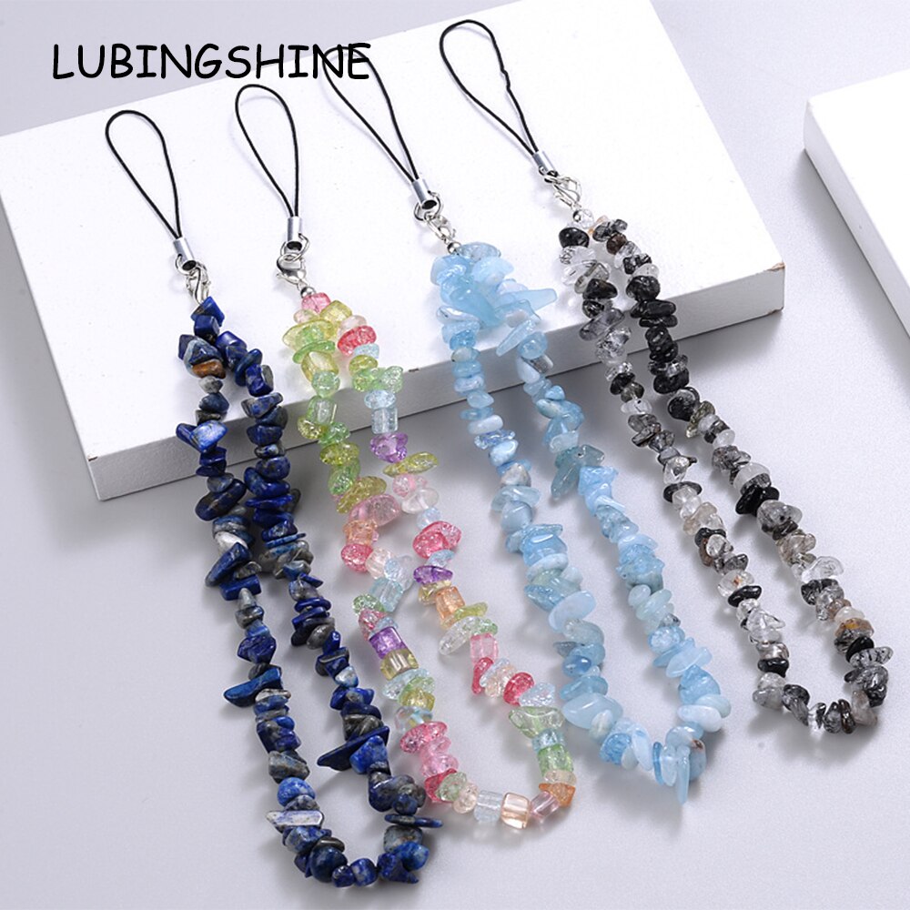 Colored Natural Stone Crushed Quartz Stone Chain Mobile Phone Chain Anti-lost Handmade Acrylic Cord Lanyard for Women Girls
