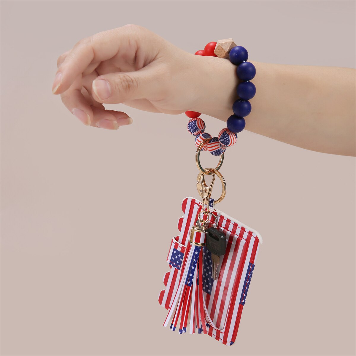 American Flag Wristlet Bracelet Keychain Wallet for Women Credit Card Holder Tassel Keyring Bangle Lipstick Holder