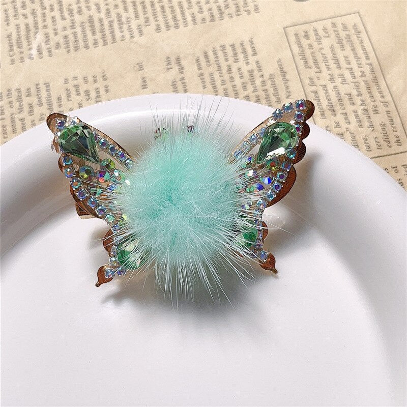 Fashion 3D Butterfly Faux Fur Hair Clips Flying Shiny Rhinestone Hairpin Barrettes for Women GirlsPonytail Holder Hairpins