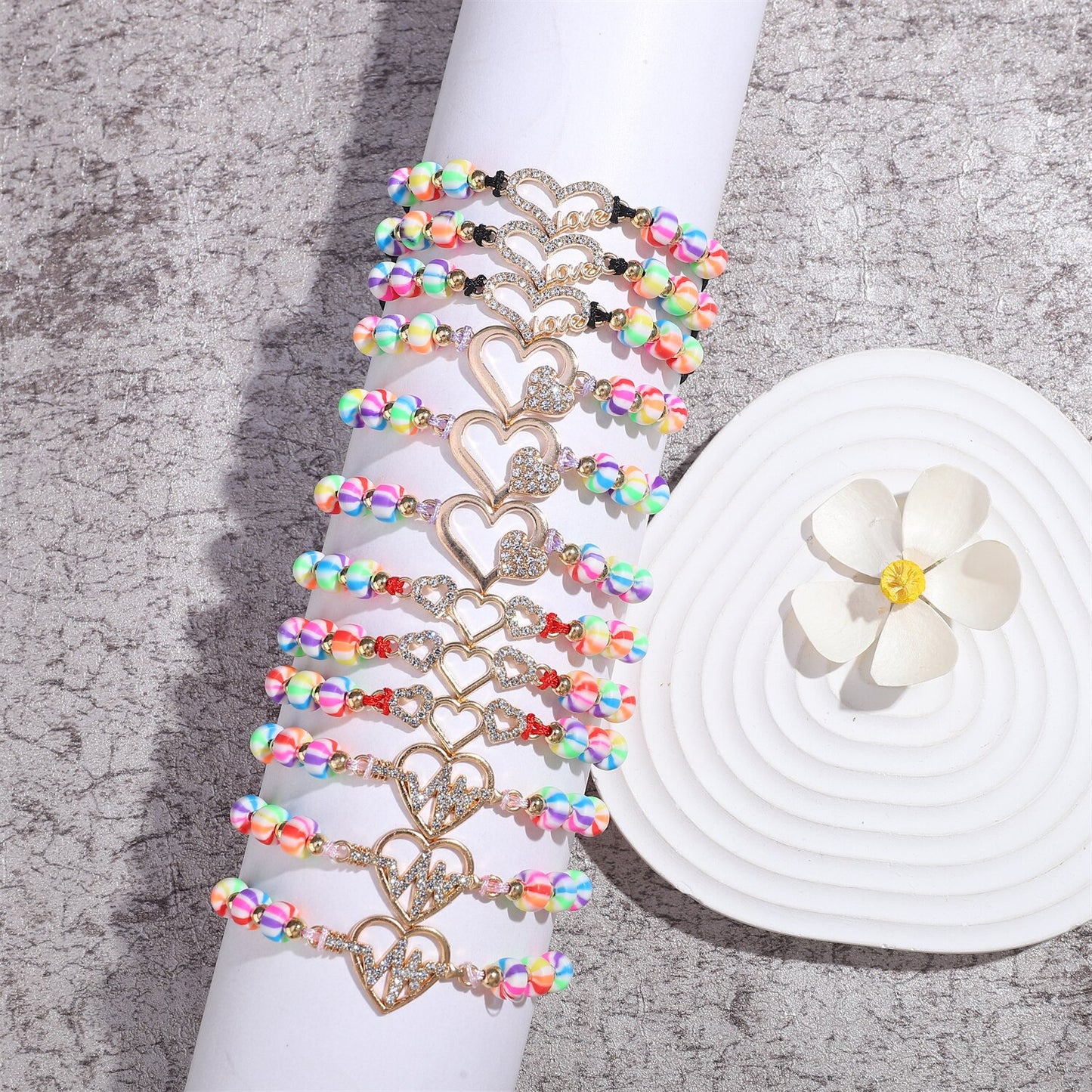 12pcs/set Candy Color Acrylic Beads Heart Charm Adjustable Bracelets Set for Women Braided Rope Wristband Yoga Anklet Jewelry