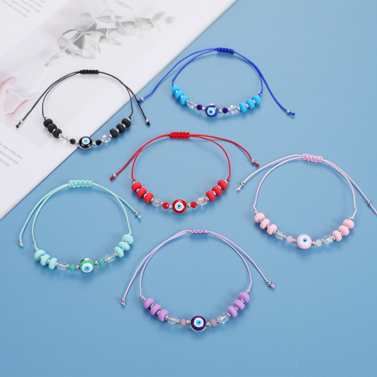 12pcs Blue Evil Eye Bracelet Bohemia Jewelry Handmade Woven Rope Acrylic Macaron Beaded Bracelets for Women Girl Gift
