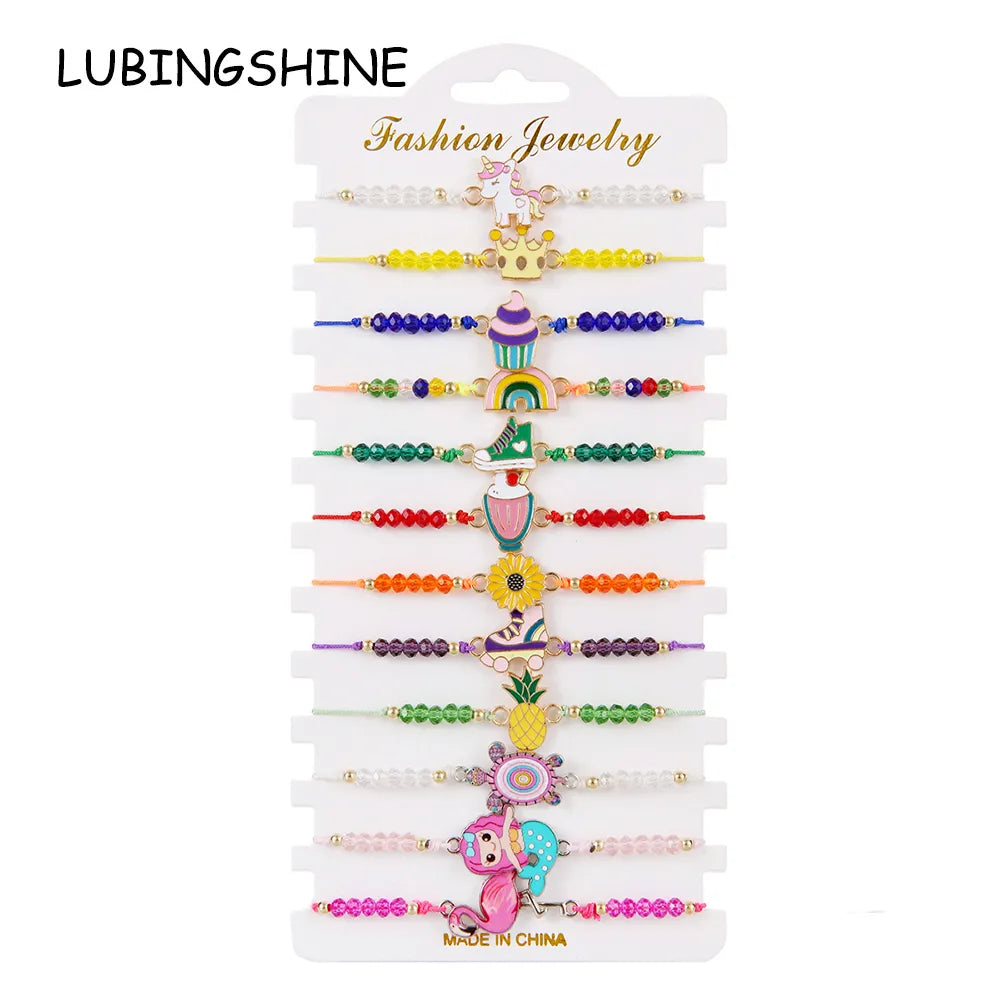 12pcs/lot Cartoon Oil Unicorn Flamingo Ice Cream Flower Pendant Charm Bracelet for Girls Adjustable Anklet Kids Jewelry