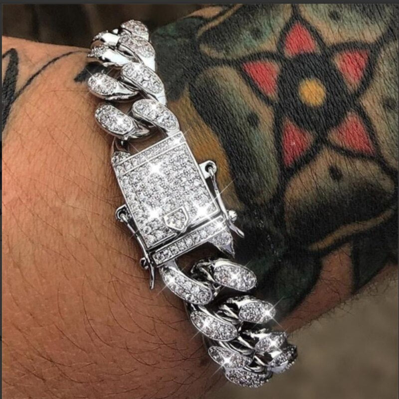 Hip Hop Men Women Gold Silver Color Rhinestone Bracelet Bangles Resin Miami Cuban Link Chain Bracelets Wristband Punk Jewelry