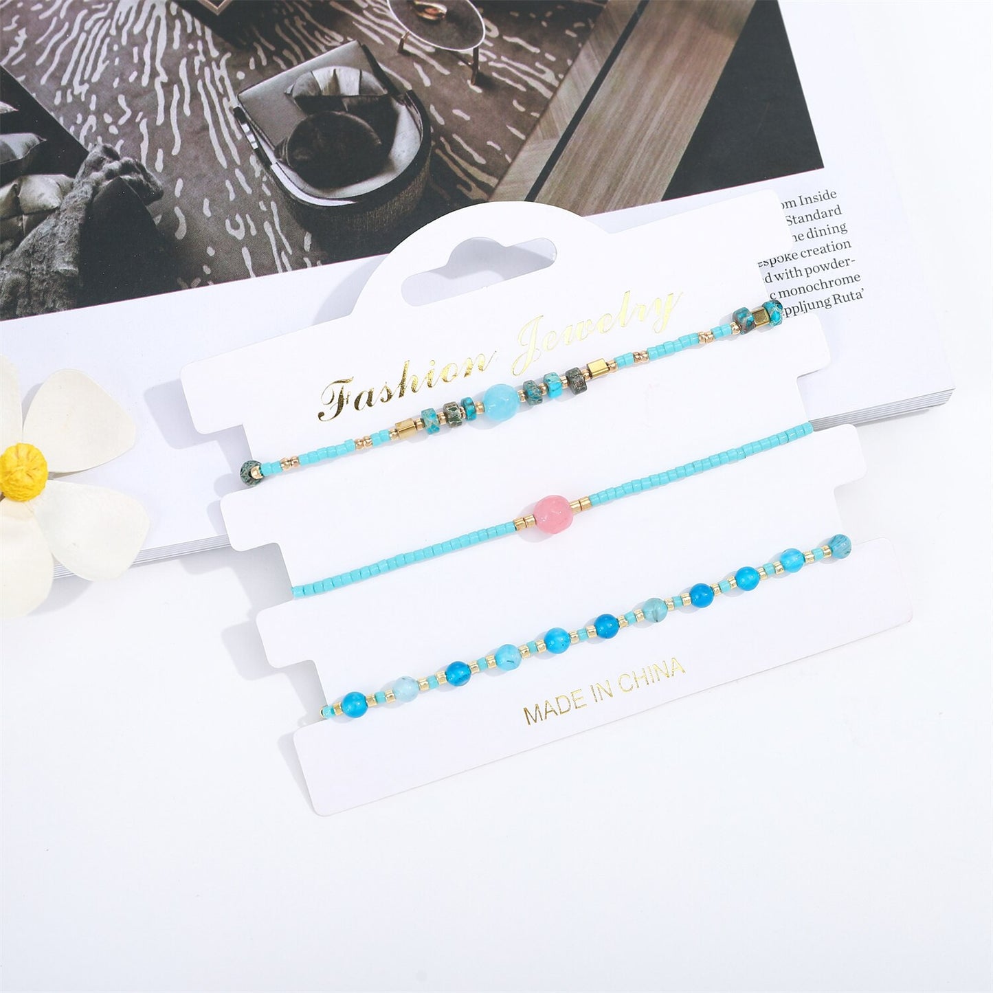 3pcs/lot Natural Stone Beads Charms Bracelet for Women Men Boho Hand Woven Adjustable Wax Rope Chain Anklets Jewelry Gift