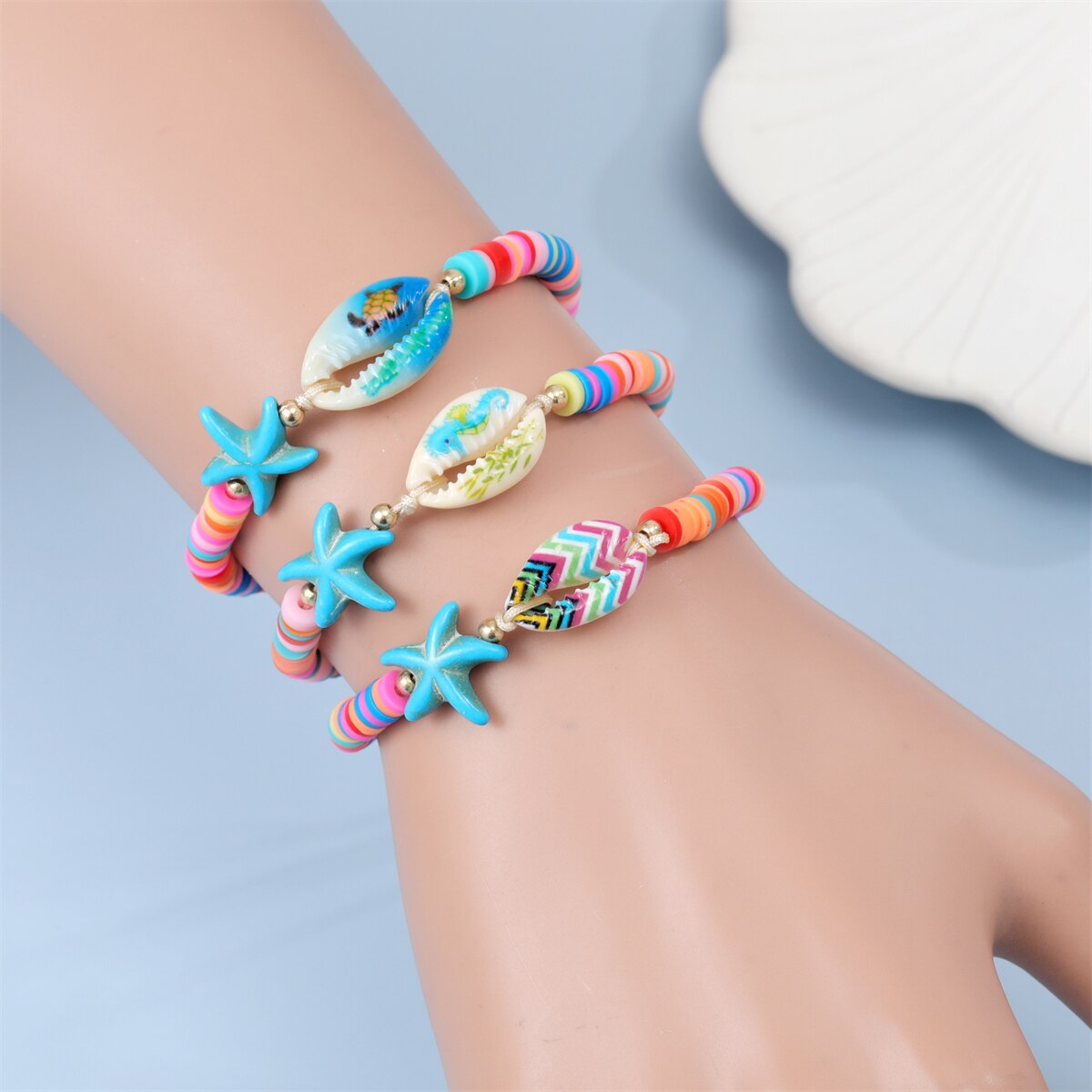 12 Pcs Beach Shell Starfish Pendant Bracelet Anklet for Women Summer Handmade Ankle Adjustable Clay Stackable Wholesale