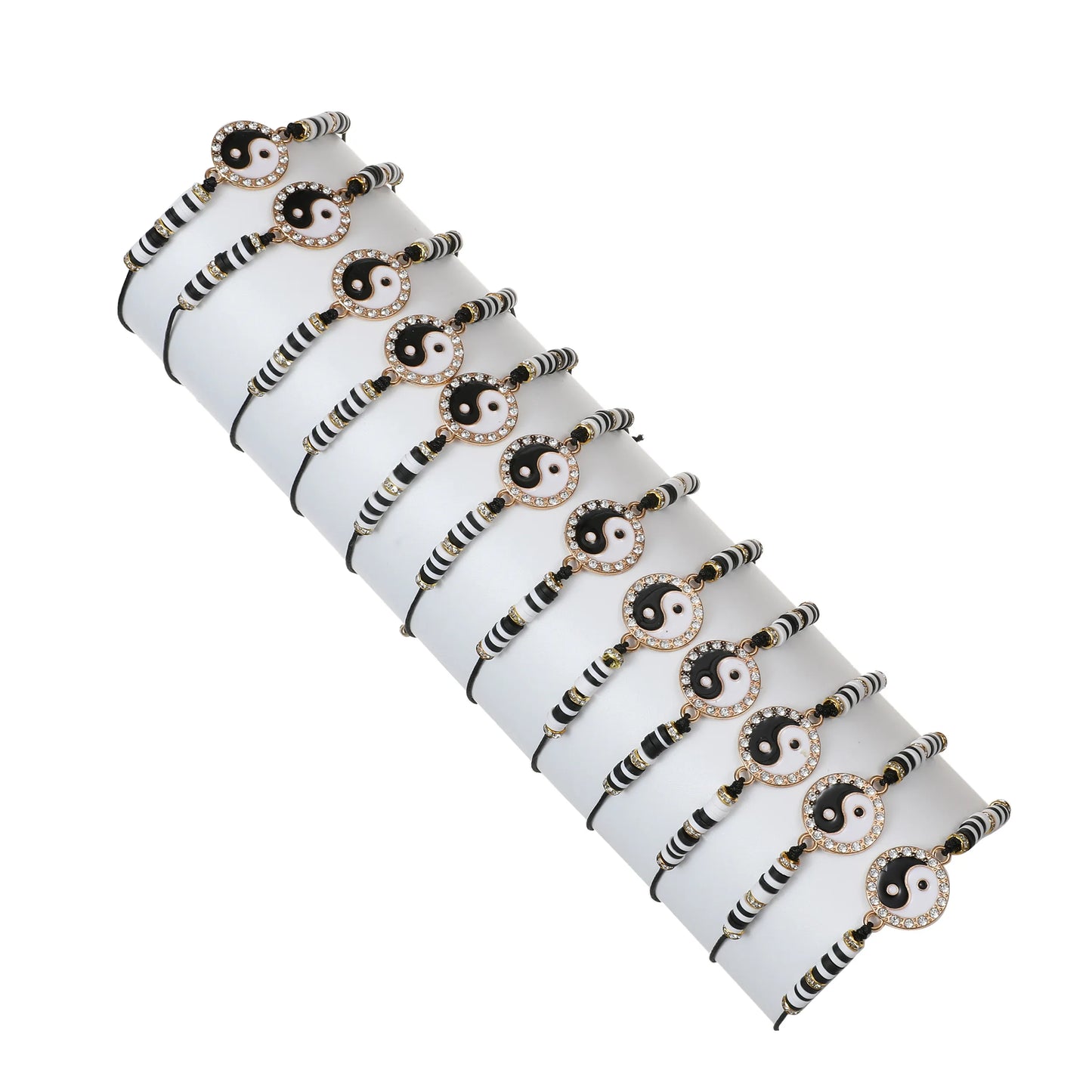12pcs Black/white Yin Yang Tai Chi Pendant Soft Clay Braided Bracelets Good Luck Charm Adjustable Bracelet