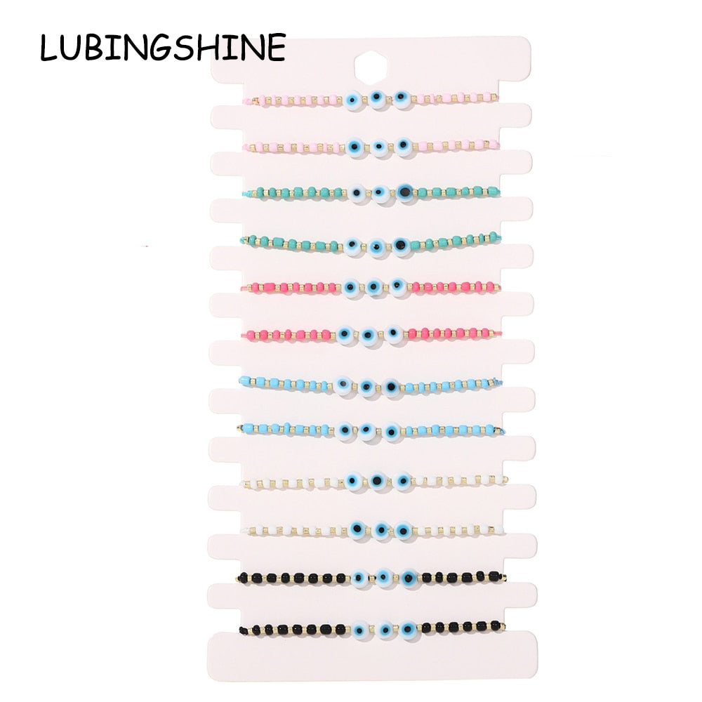 Boho 12pcs/lot Evil Eye Resin Beads Bracelet for Women Adjustable Woven Crystal Chain Summer Anklet Jewelry Wholesale