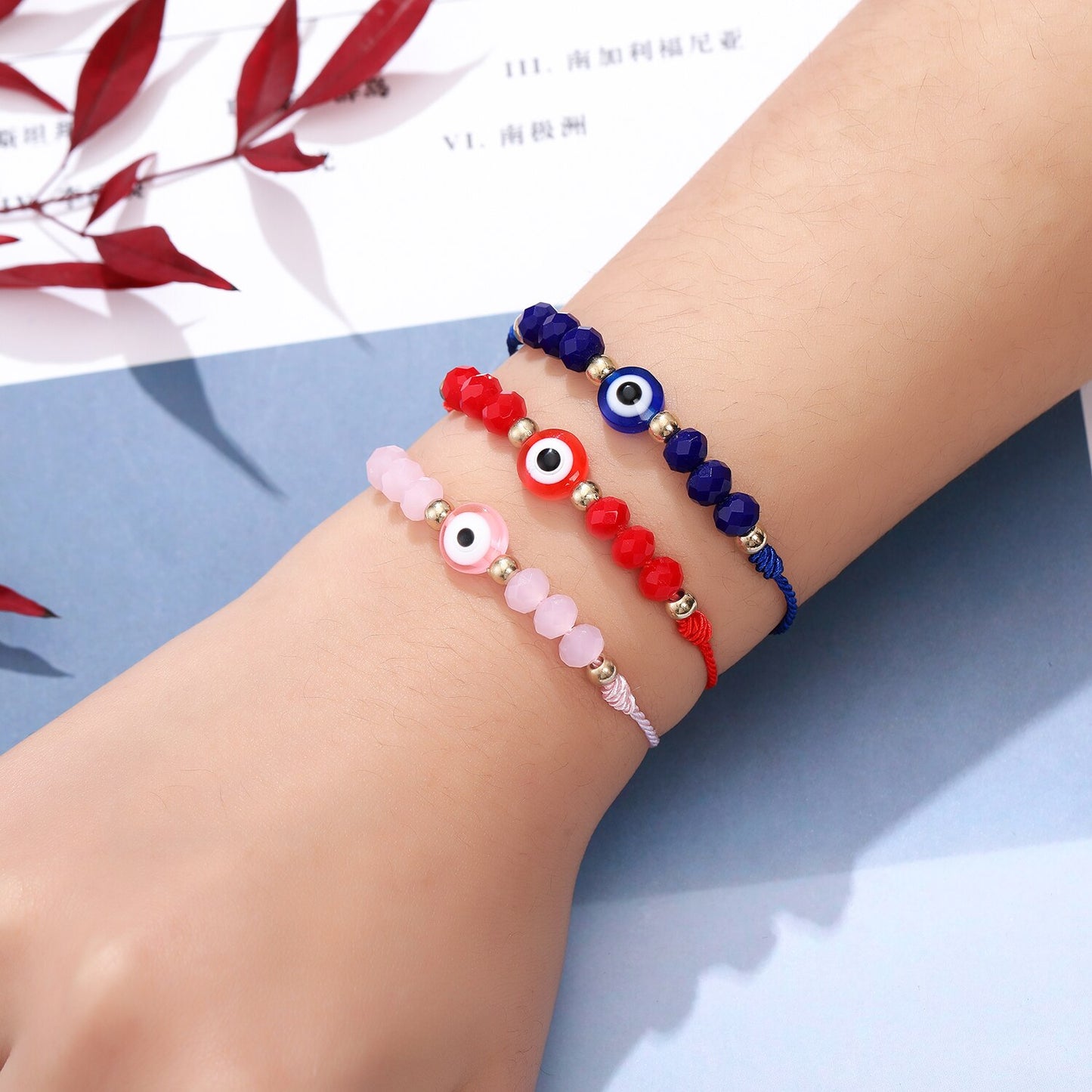 12pcs/lot Charms Knitted Bracelet for Women Adjustable Turkey Blue Evil Eye Crystal Beads Bracelets Anklet Jewelry Wholesale