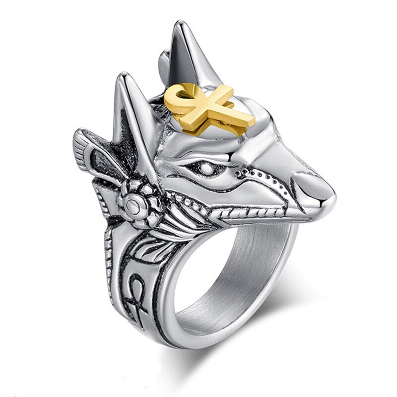 Women Men Punk Anubis Egyptian Cross Beast Finger Ring Stainless Steel Vintage Wolf Knuckle Rings Fashion Jewelry Gift Anel