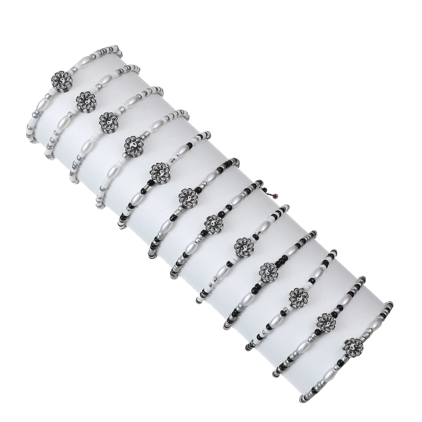 12pcs Crystal Beaded Yin and Yang Tai Chi Pendant Flowers Bracelet for Men Women Adjustable Couple Bracelets Anklets