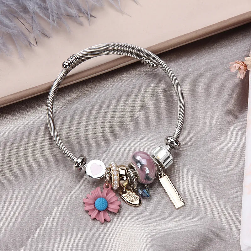 Women Stainless Steel Evil Eye Flower Charms Bracelets Wire Cable Rhinestones Open Adjustable Cuff Bangle Jewelry