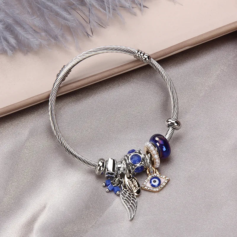 Women Stainless Steel Evil Eye Flower Charms Bracelets Wire Cable Rhinestones Open Adjustable Cuff Bangle Jewelry