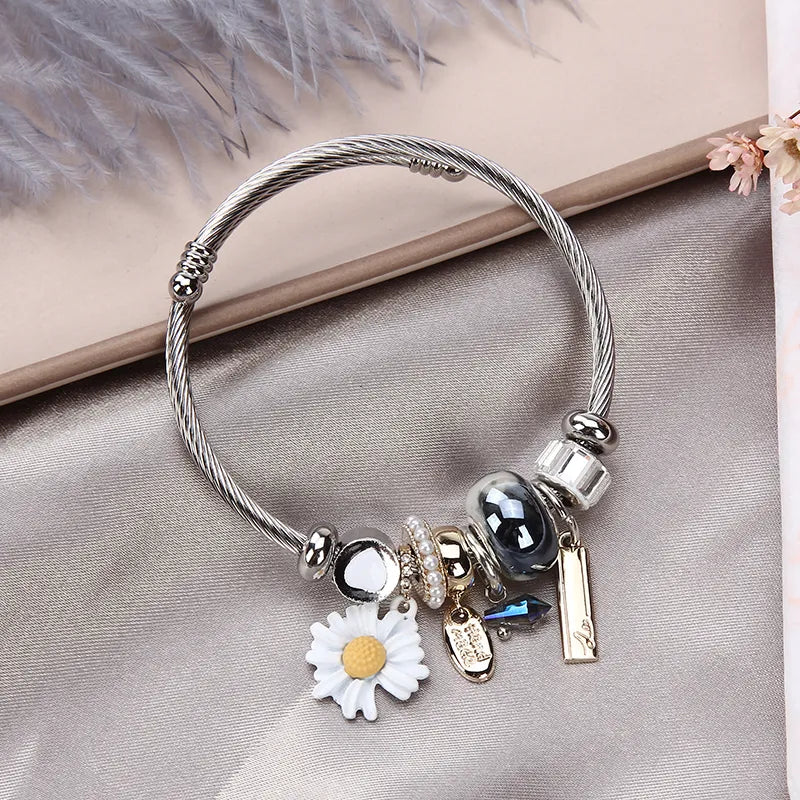 Women Stainless Steel Evil Eye Flower Charms Bracelets Wire Cable Rhinestones Open Adjustable Cuff Bangle Jewelry