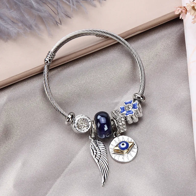 Women Stainless Steel Evil Eye Flower Charms Bracelets Wire Cable Rhinestones Open Adjustable Cuff Bangle Jewelry