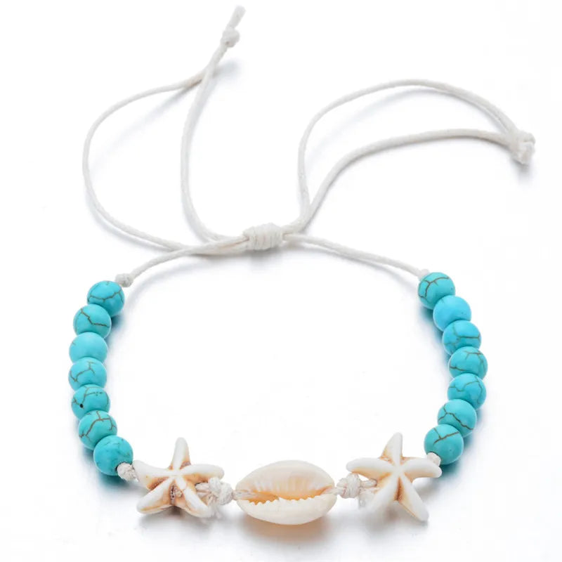Natural Stone Shell Starfish Bracelets Braided Adjustable Rope Chain Bracelet Anklet Wristband Handmade Holiday Beach Jewelry