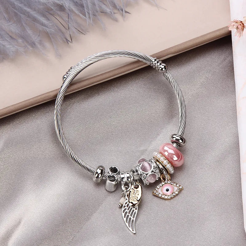 Women Stainless Steel Evil Eye Flower Charms Bracelets Wire Cable Rhinestones Open Adjustable Cuff Bangle Jewelry