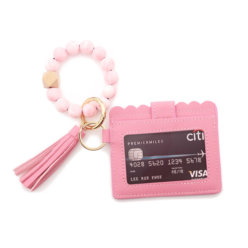 Fashion Silicone Beads Tassel Bracelet Wristlet Bangle with Wallet Key Card Holder Large Round Keyring for Women Handbag